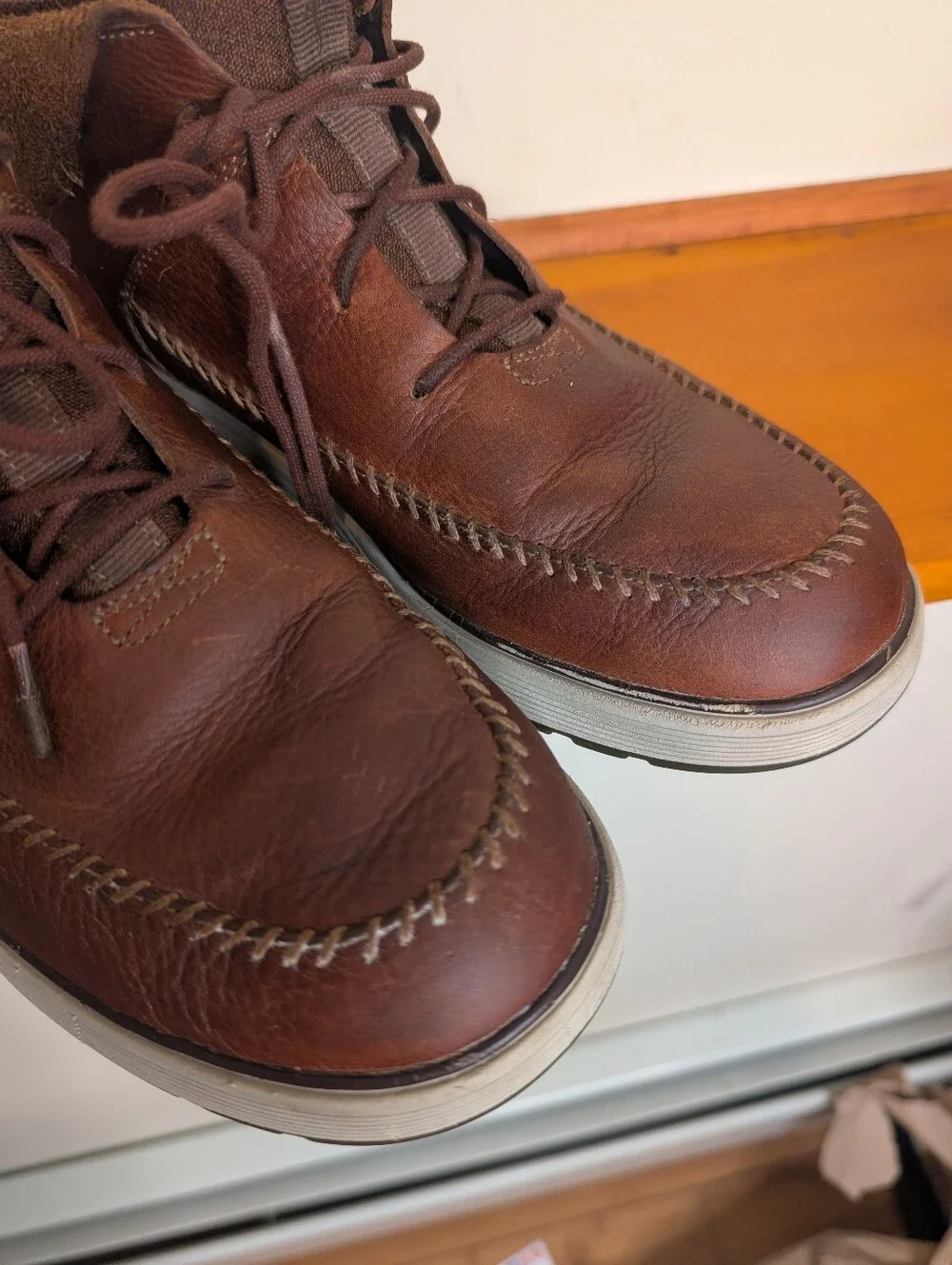 Chaco Brown Leather Moc Toe Chukka Boots Lace Up Suede Collar Mens Sz 10